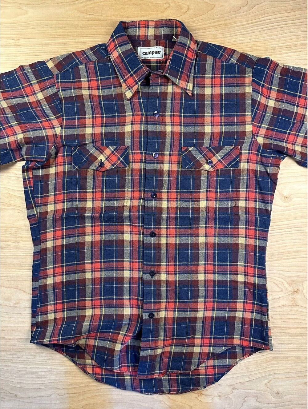Vintage 70s Campus Plaid Flannel button up shirt medium outdoor fall work